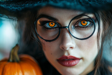 Photo of young woman preparing for halloween party at work generative AI concept