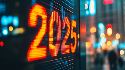 Bright digital countdown display showing the year 2025 with a vibrant blue and orange background in a modern setting