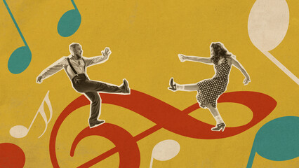 Couple engaged in playful dance routine, showcasing vintage-inspired moves. Polka dot dress and suspenders add 1950s retro charm to colorful scene. Concept of retro aesthetic, vintage dance, nostalgia