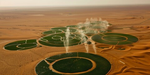 Circular irrigation fields thrive in Saudi Arabia's desert, showcasing innovative agricultural techniques amid arid landscapes
