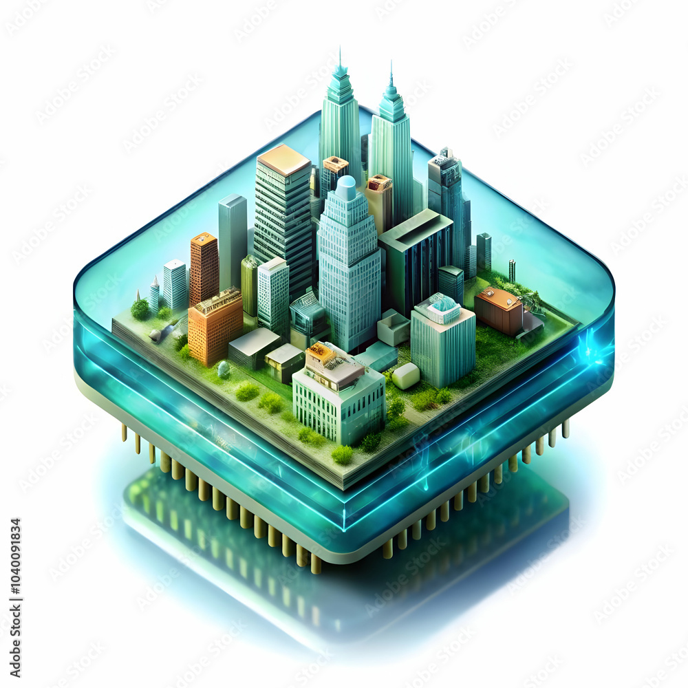 Poster macro view microchip cityscape reflection close up image symbolizing ais impact urban business envir