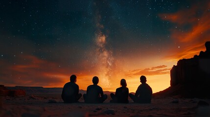 A group of friends enjoying a stargazing adventure in a remote desert under a breathtaking night sky
