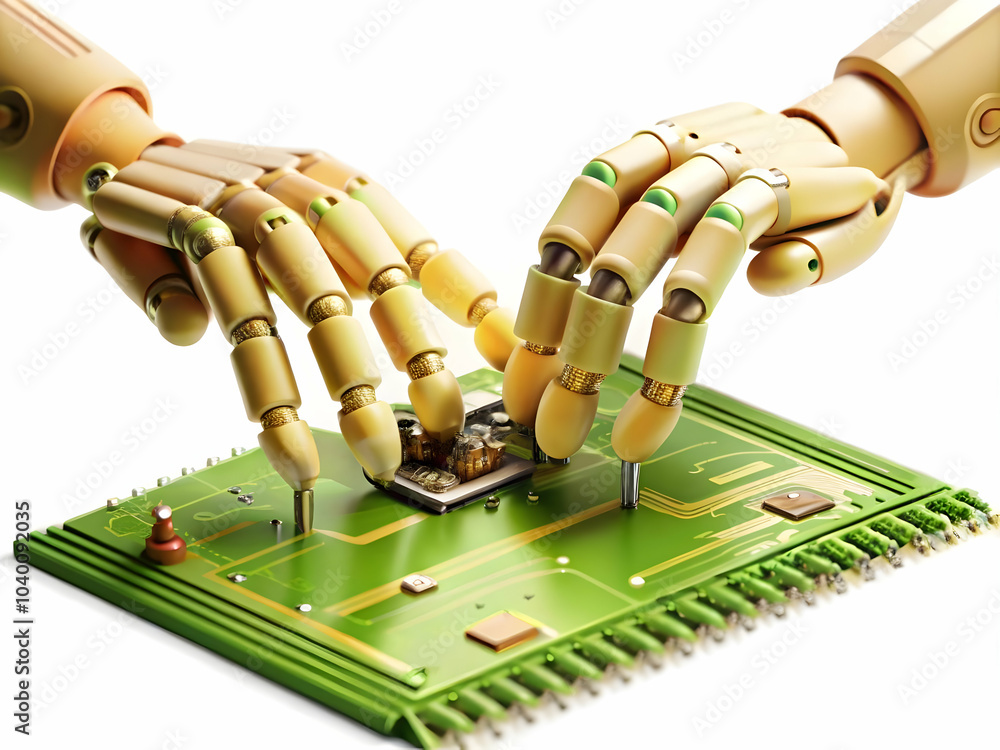Poster close up human robotic hands assembling circuit board macro shot teamwork technological creation cop