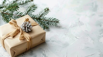 A Christmas gift wrapped in brown paper with a pine cone on top