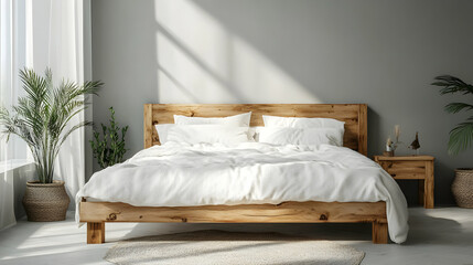 Minimalist Wooden Bed Frame with White Linens in a Modern Bedroom Setting