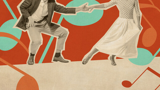 Couple sharing fun, joyful moment on dance floor, swinging to retro beats. Bright color palette and vintage clothing enhance 1950s atmosphere. Concept of retro aesthetic, vintage dance, nostalgia