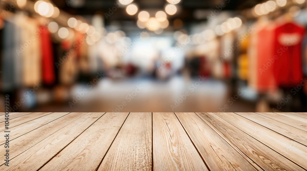 Poster empty wooden table top with blurred clothing store background for product display montage