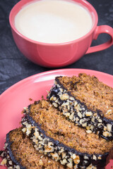 Fresh pastry made of zucchini and cup of white coffee. Delicious dessert