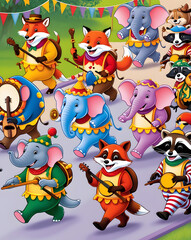 Naklejka premium Colorful parade of friendly animals in a vibrant celebration filled with music and joy