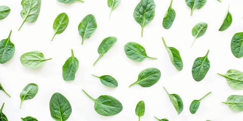 A vibrant array of fresh spinach leaves scattered against a bright white background, creating a lively herbaceous garden top view