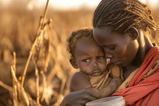 an african mother holding her malnourished child symbolize world hunger