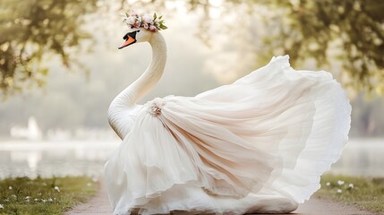 Obraz premium A majestic swan glides with elegant poise through an idyllic lakeside promenade adorned in a billowing chiffon gown and a delicate floral crown The scene exudes a romantic
