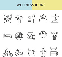 Set of  line icons related to wellness, wellbeing, mental health, healthcare, cosmetics, spa, medical. Outline icon collection