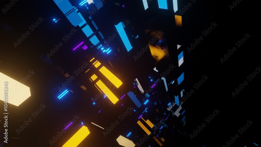 Poster abstract neon tunnel. hi-tech neon sci-fi tunel. trendy neon glow lines form pattern and constructio