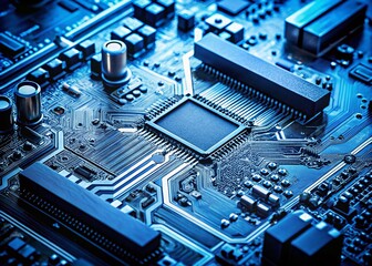 Fototapeta premium Minimalist Computer Microcircuit Photography with Monochrome Blue Vignette Background for Technical Visuals
