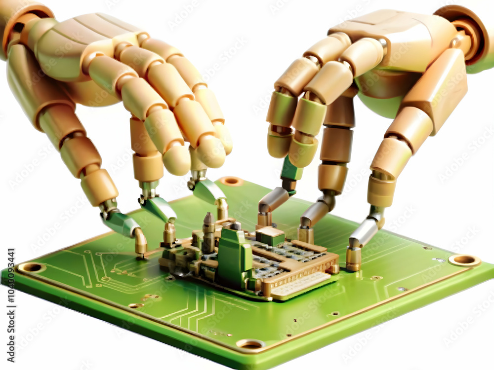 Poster close up human robotic hands assembling circuit board macro shot teamwork technological creation amp