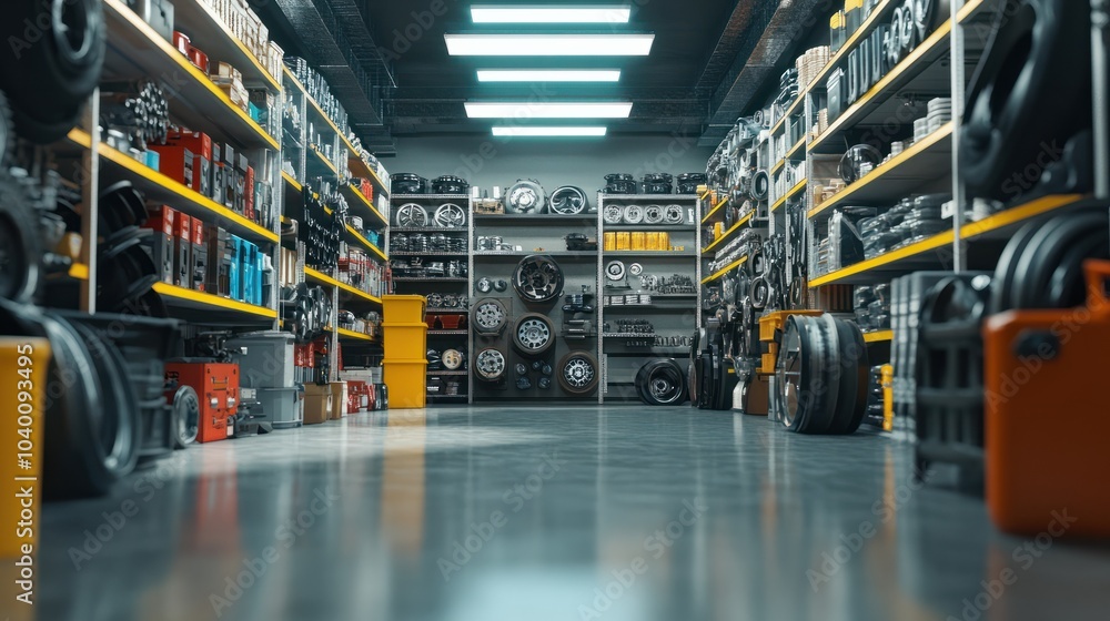 Poster 3d rendering of car parts in store with mechanical equipment theme and copy space