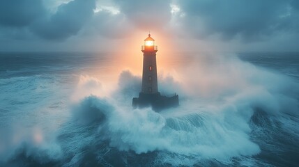 Fototapeta premium Lighthouse Standing Tall Amidst Powerful Ocean Waves
