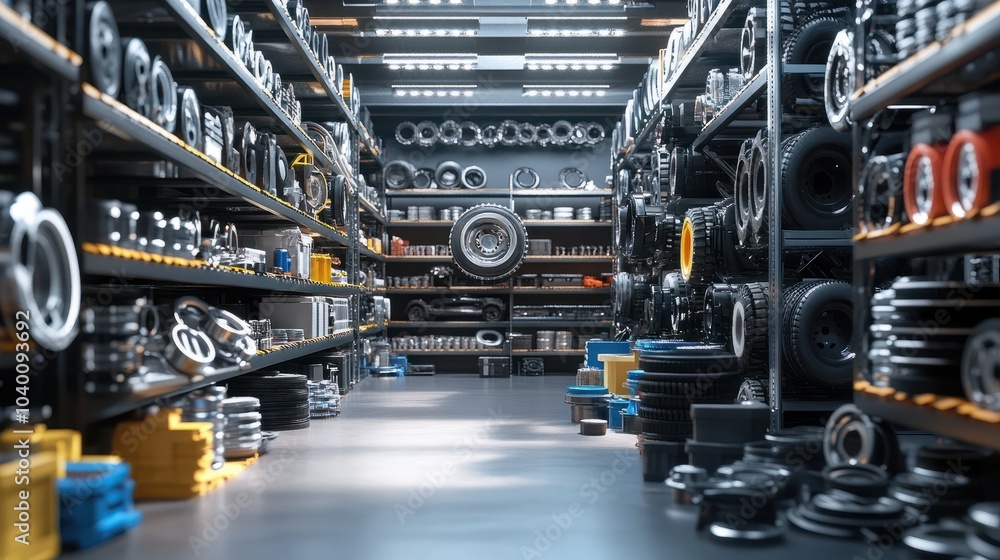 Poster 3d rendering of car parts in store with mechanical equipment theme and copy space