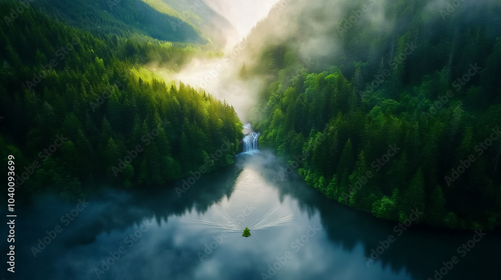 Poster water tumbles gracefully into a tranquil pool, embraced by vibrant trees under a soft layer of mist