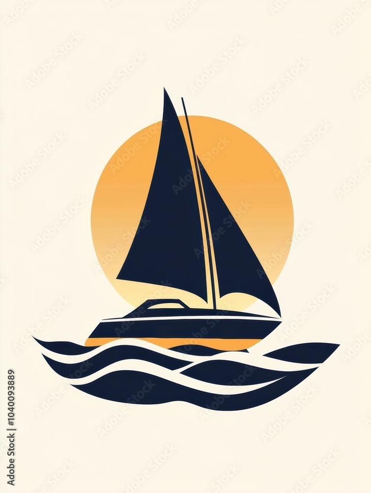 Poster A sailboat with dark sails gracefully navigates through serene, undulating waves as the sun sets in the background, creating a peaceful atmosphere. Generative AI