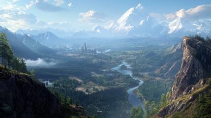 Beautiful views from the top of the mountain with a vast landscape of valleys, forests and rivers stretching out below.