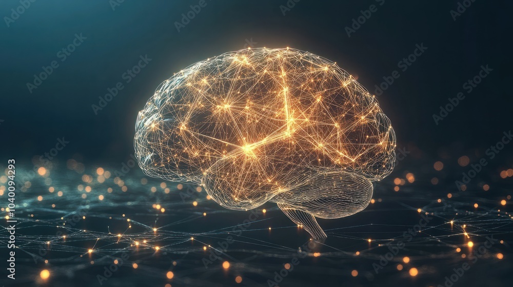 Poster a brain with bright glowing neural connections on a dark background, symbolizing neural activity. th
