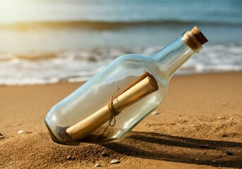 A message in a bottle, bottle with message in a glass bottle on the beach