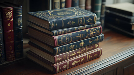 A Stack of Classic Literature Novels with Elegant Covers on a Wooden Surface