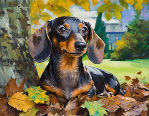 A cartoon dachshund laying by a tree in a pile of leaves  with a backyard background-generated by ai