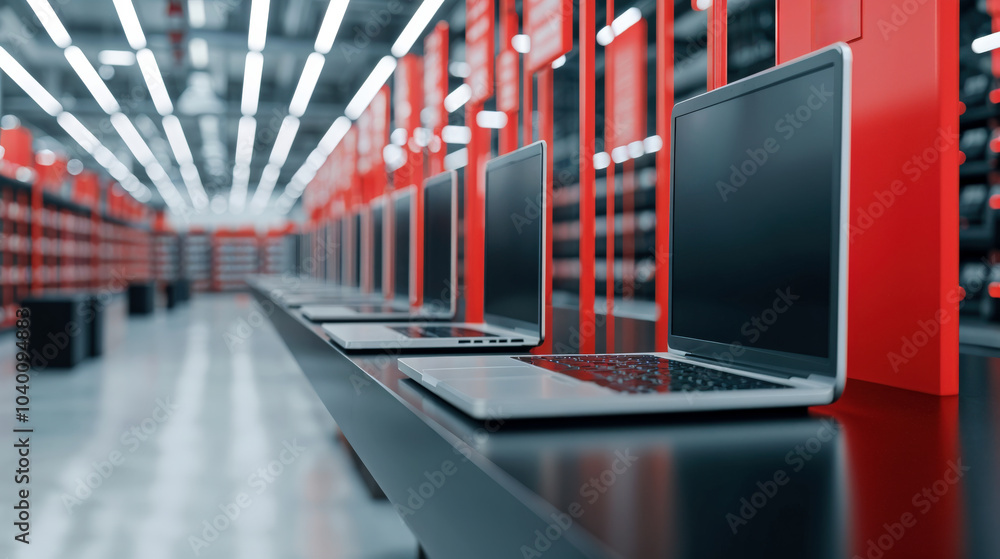 Poster laptop computers with blank screens are lined up on a table background in an electronics store