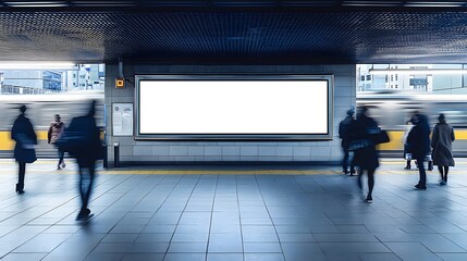 Blank billboard mockup near a bustling subway entrance, with commuters rushing by.