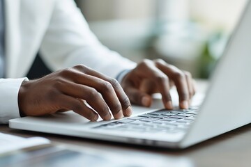 Focused Hand Typing on Laptop in Professional Workspace