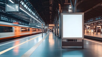 Blank billboard mockup in a train station, with trains arriving and departing in the background.