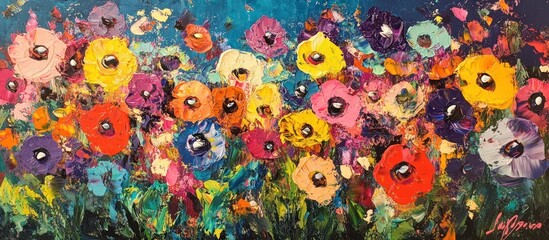 Oil painting of a vibrant, colorful field of flowers.