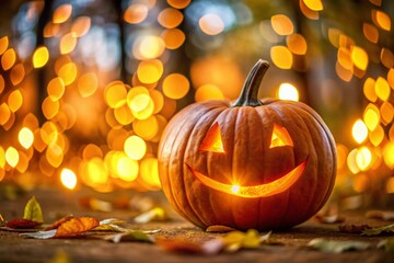 Fototapeta premium Minimalist Halloween Pumpkin with Letter U Carving and Bokeh Background for Fall Decor