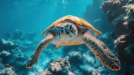 Fototapeta premium A Scuba Diver Captures a Majestic Sea Turtle on Camera