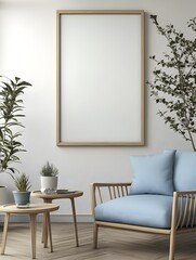Modern Minimalist Living Room Mockup: A sleek and stylish living room interior featuring a large empty picture frame, a comfortable armchair, two wooden side tables, and lush greenery.