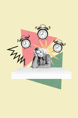 Vertical photo collage of unhappy old woman sit office table alarm bell timepiece regime expire deadline isolated on painted background