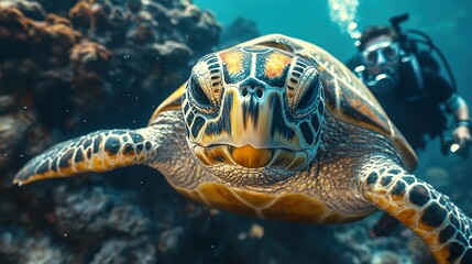 Fototapeta premium A Scuba Diver Captures a Sea Turtle in its Natural Habitat