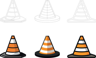 Variations of Traffic Cones Illustrated in Different Styles and Perspectives