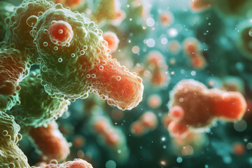 A green and red microscopic view of highly detailed bacteria.