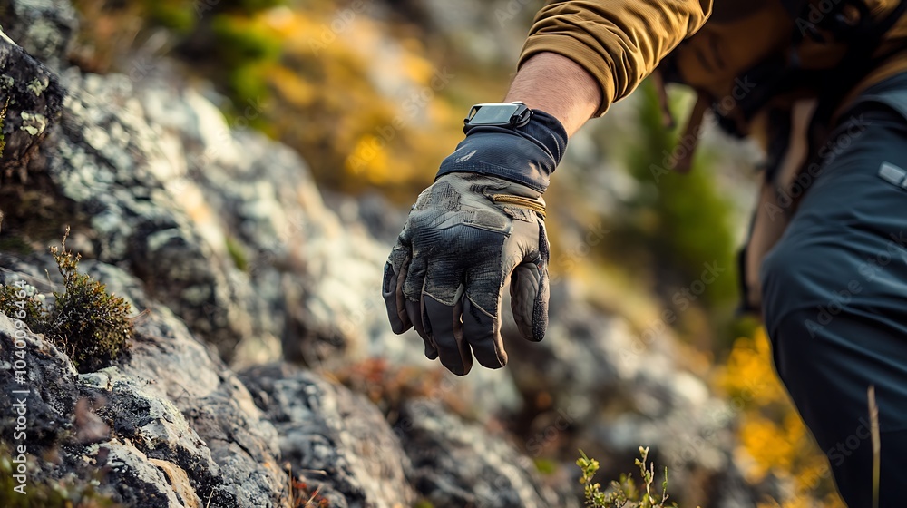 Wall mural a person wearing tactical gloves while hiking, gripping a rocky surface for support