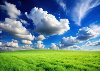 Obraz premium Minimalist Landscape with Blue Sky, White Clouds, and Lush Green Grass for Nature Lovers and Serenity Seekers