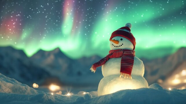 Cute snow man in snow field with beautiful aurora northern light - Powered by Adobe