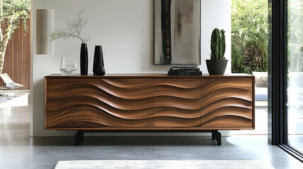 Modern Wooden Sideboard with Clean Lines in Contemporary Living Room Setting