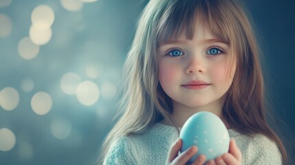 Naklejka premium A cute little girl found an easter egg with copy space