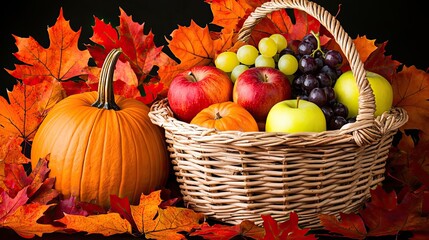Basket of fruits with a pumpkin on autumn leaves, dark background.
