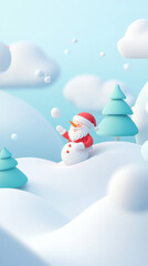 charming 3D snowy landscape featuring Santa building snowman amidst fluffy clouds and pine trees, evoking joyful winter atmosphere