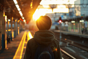 Futuristic modern public transport station with crowd of people, Generative AI image